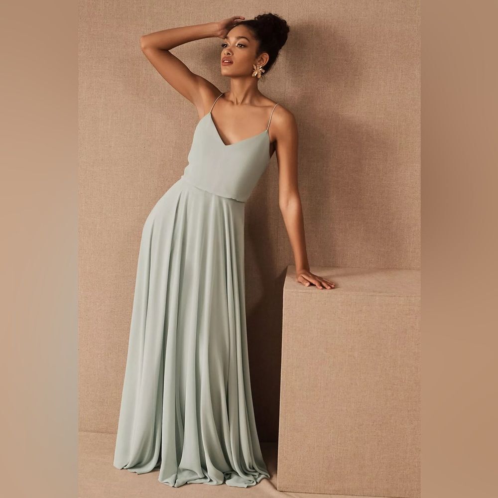 NWT Jenny Yoo Inesse Elegant Spaghetti-Strap Sage Maxi Dress from Anthropologie